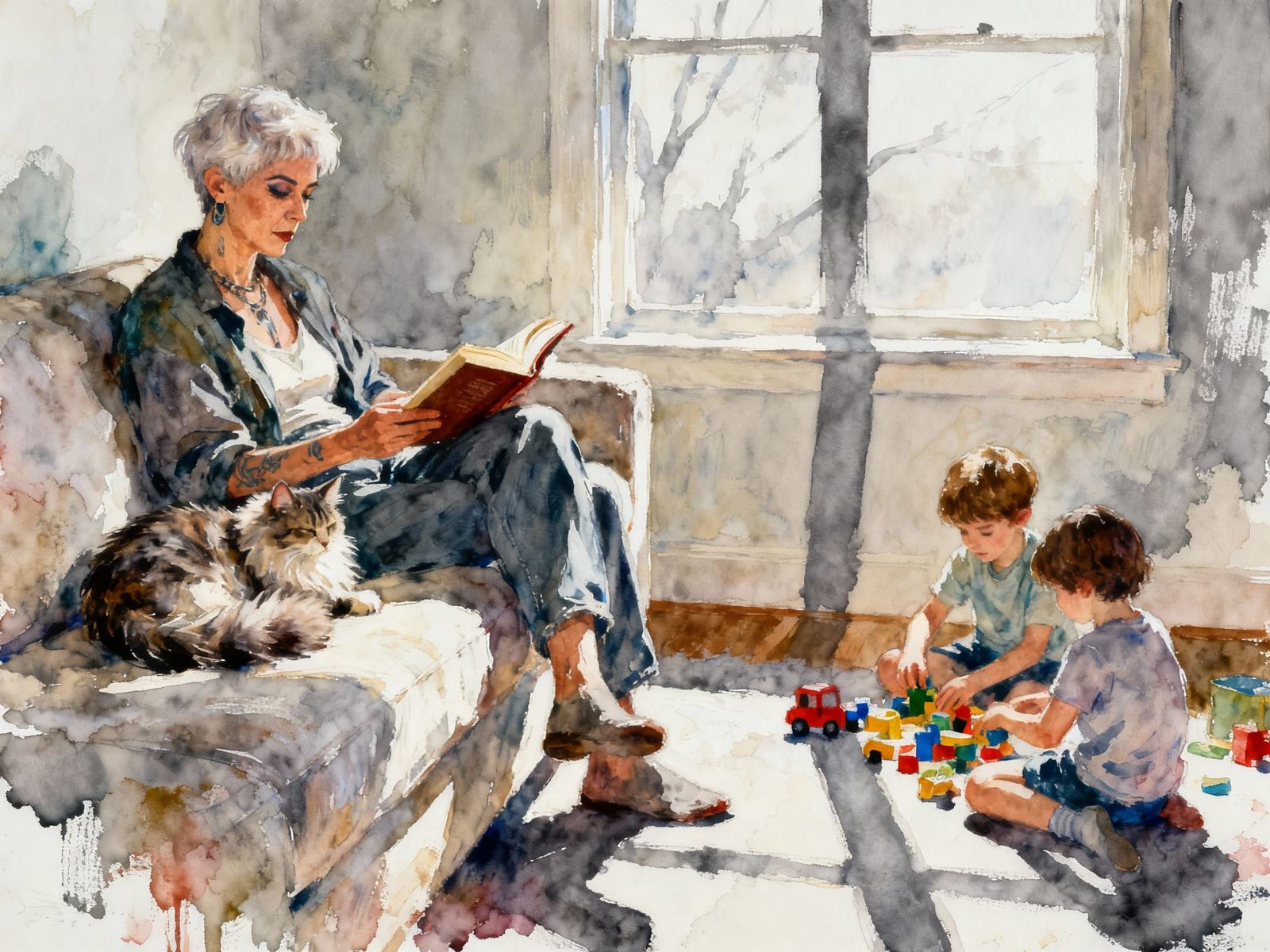 Elderly Transwoman Reading in Dreamy Watercolor Scene