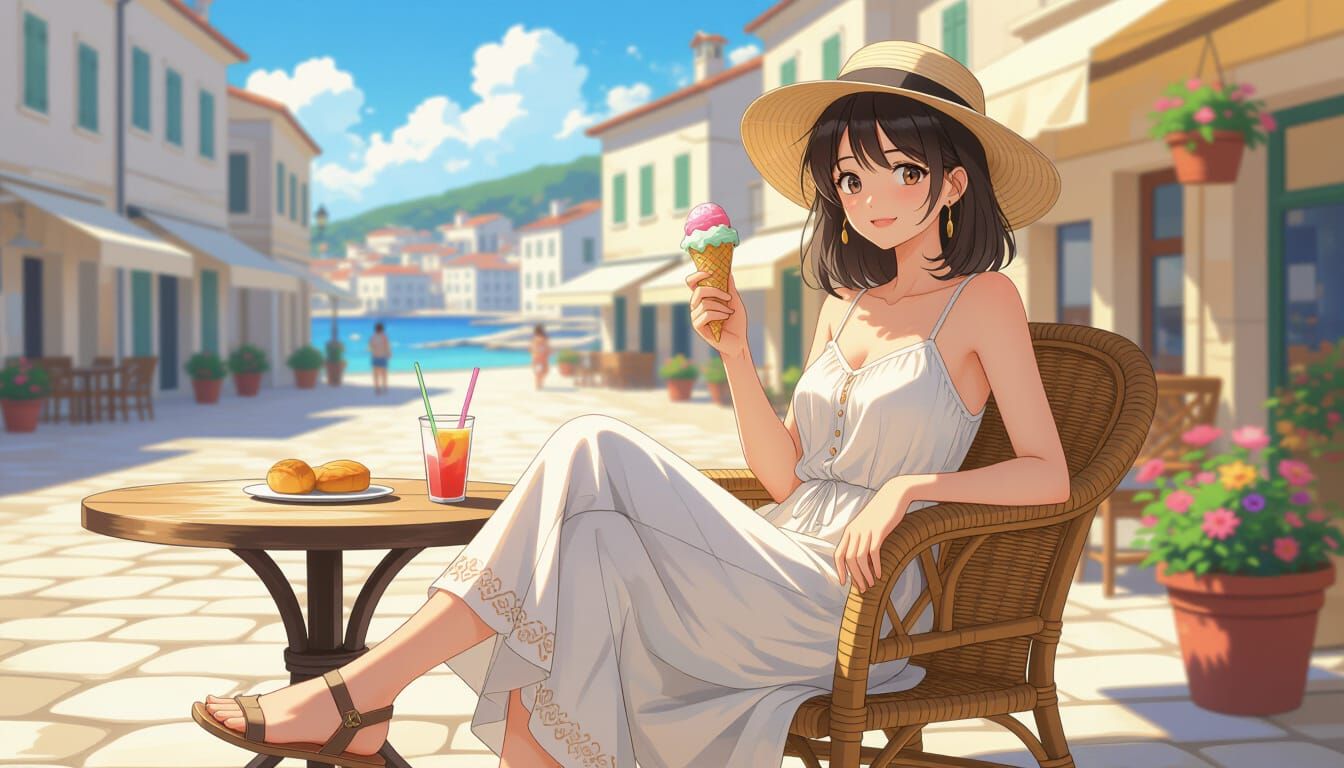 Anime Woman with Ice Cream in Zadar, Manhwa Style