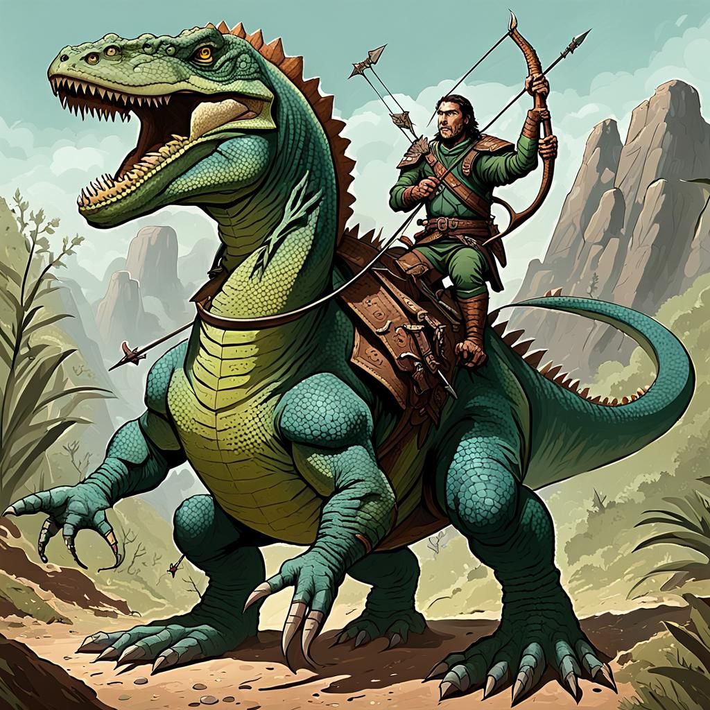 Lizard-Man Riding Hadrosaur in Pathfinder Style