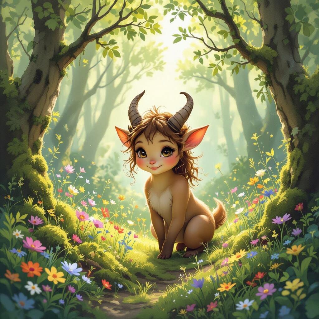 Cute Female Satyr in Sun-Dappled Forest