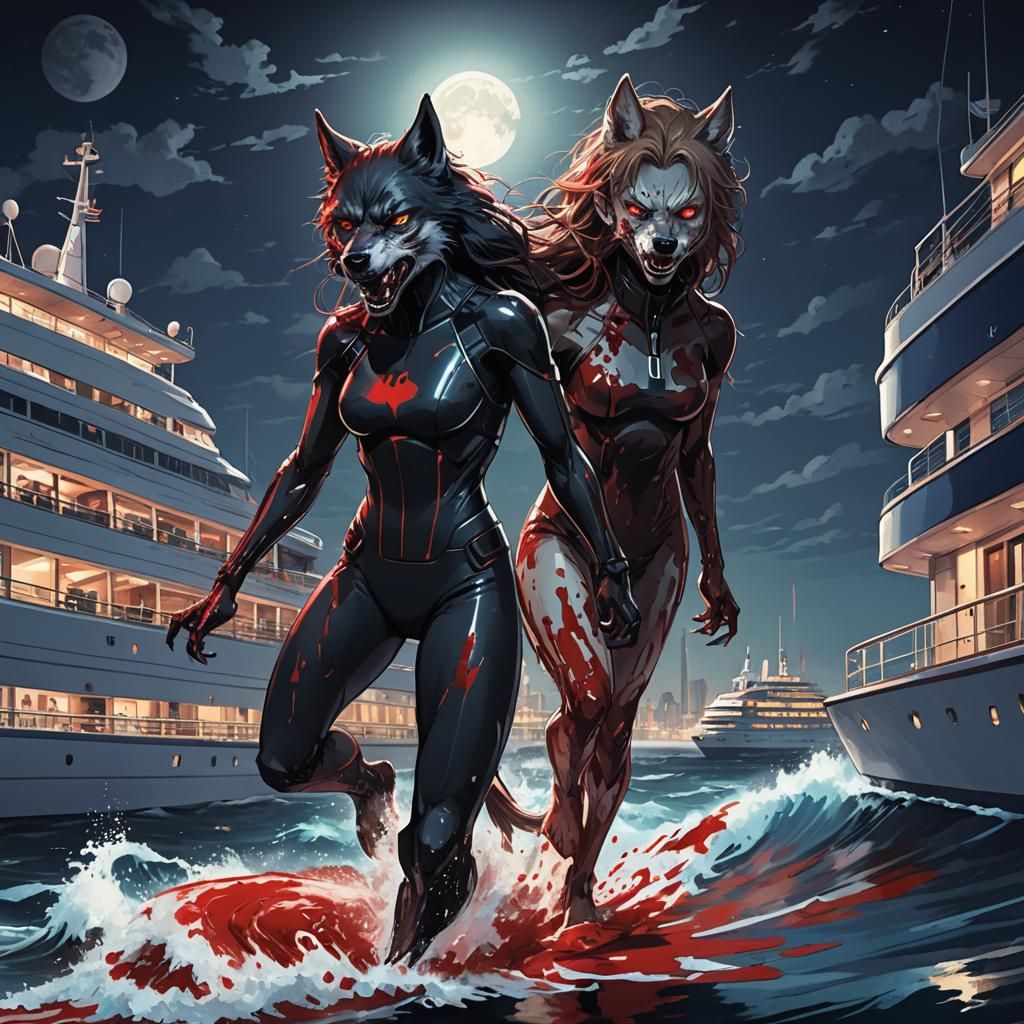 Werewolf Surfer Under Full Moon: Anime Style