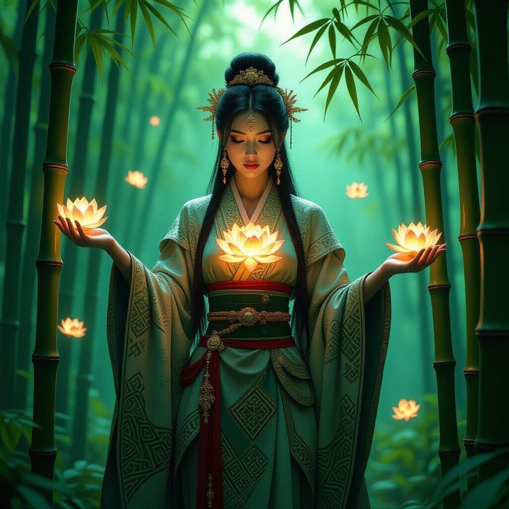 A surreal image of a mystical priestess standing within a ba...