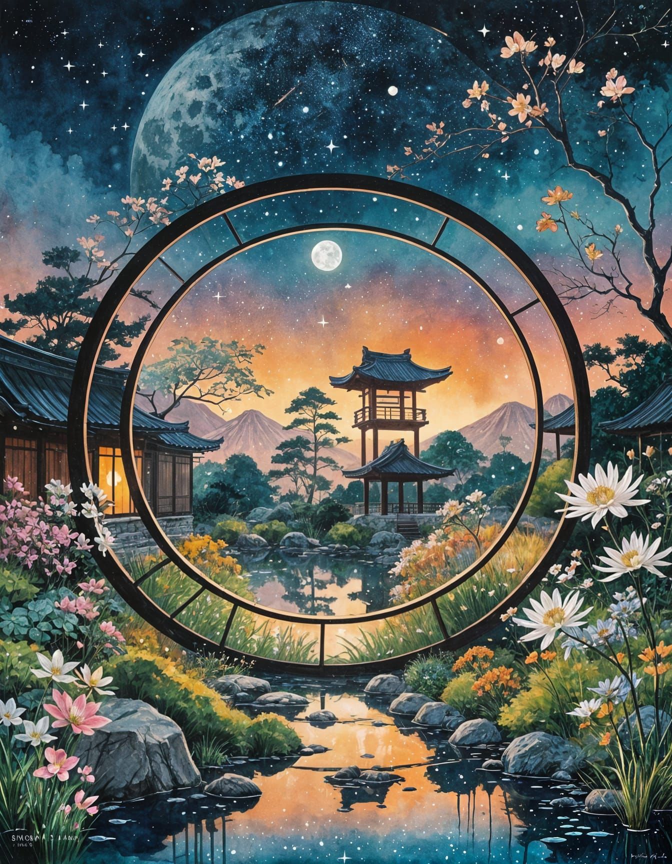 Japanese Garden at Sunset in Gouache Style