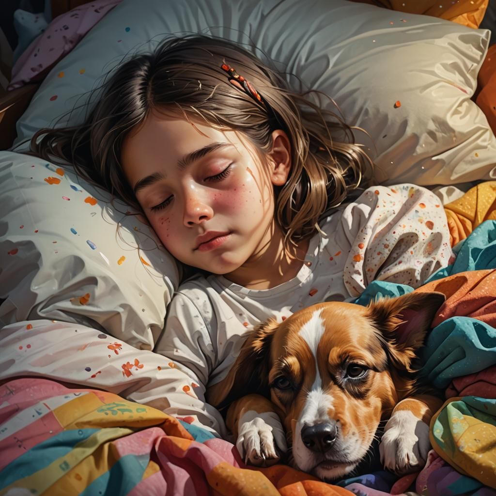 Girl and Dog Asleep: Hyperrealistic Concept Art
