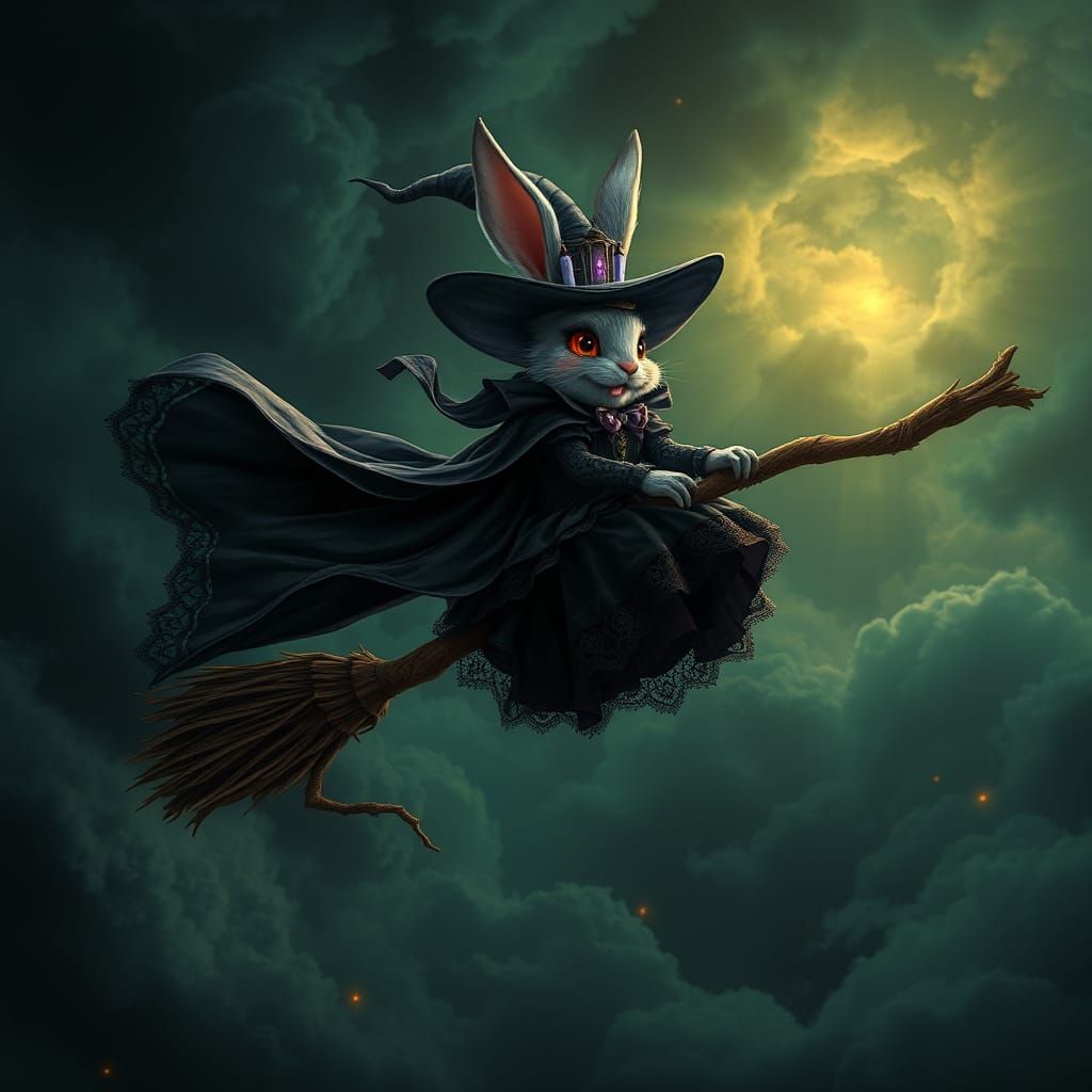 Halloween Rabbit Witch Soaring on Broomstick