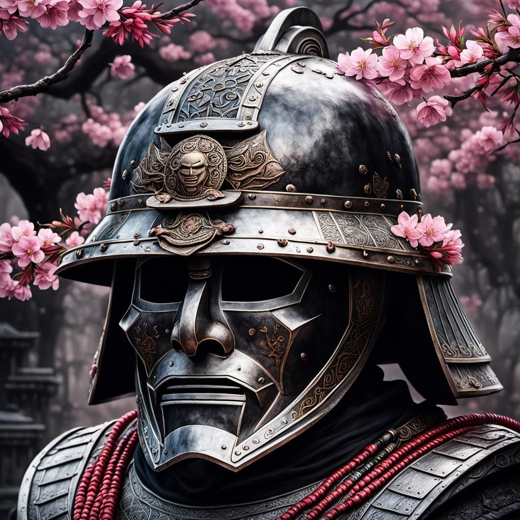 Samurai Helmet and Cherry Blossoms: Sumi-e Digital Art