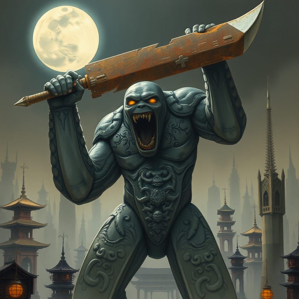 Cyberpunk Stone Golem with Broken Sword