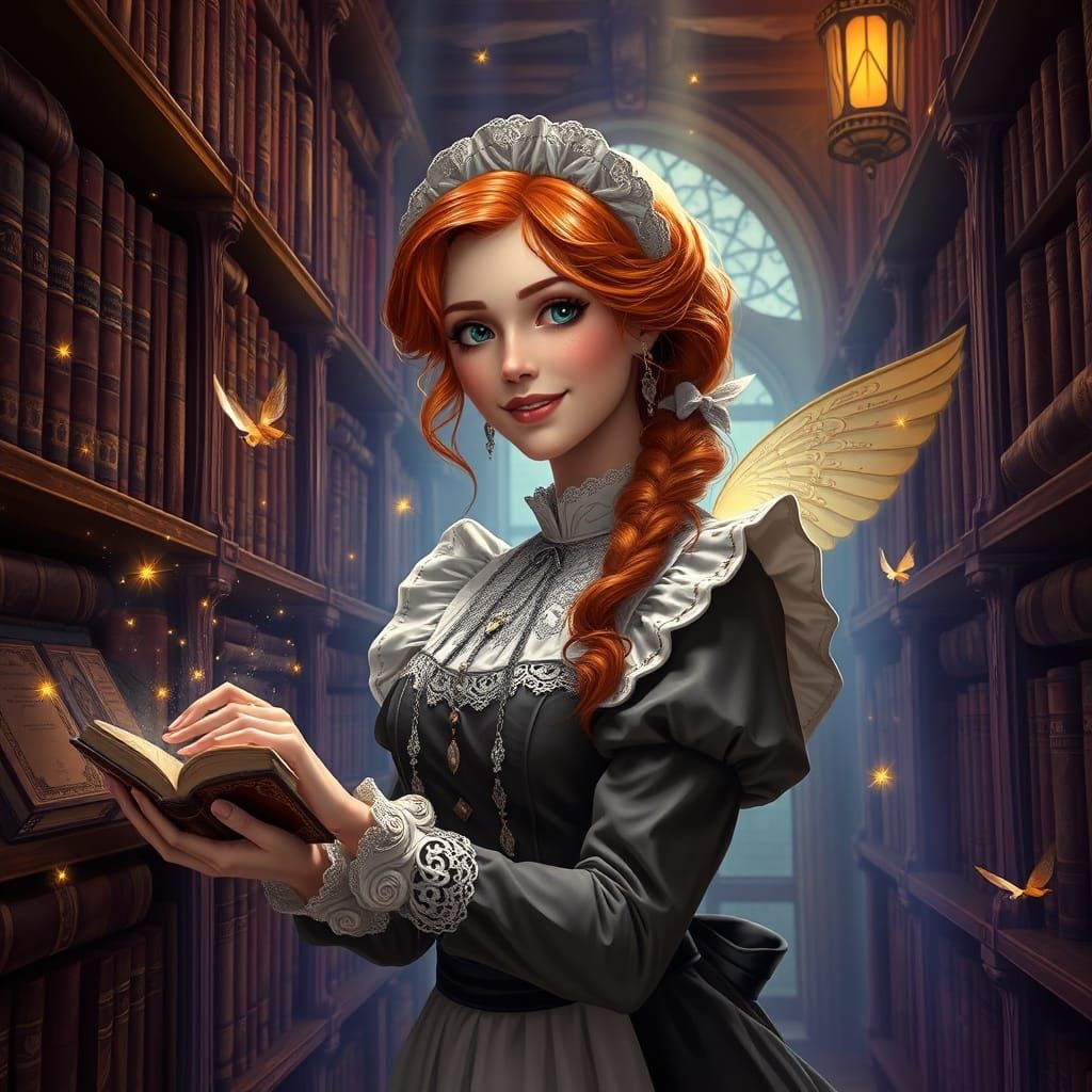 Whimsical Victorian Maid in a Magical Library