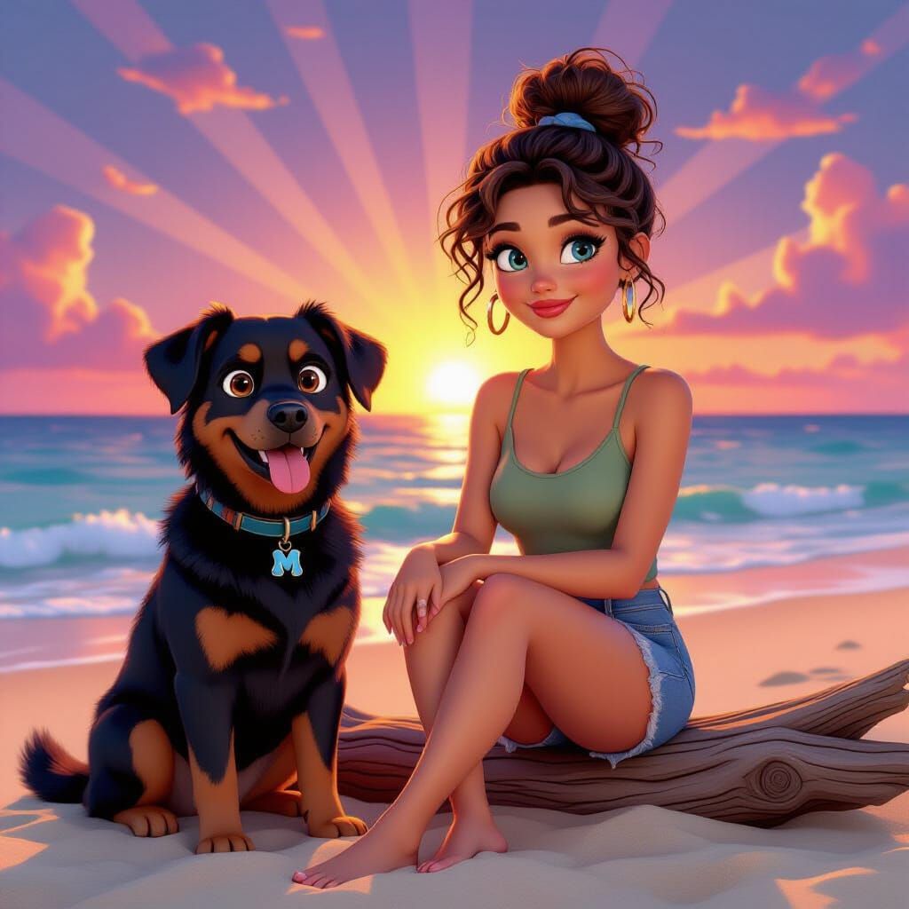 Woman and Dog Enjoying Beach Sunset, Pixar Style