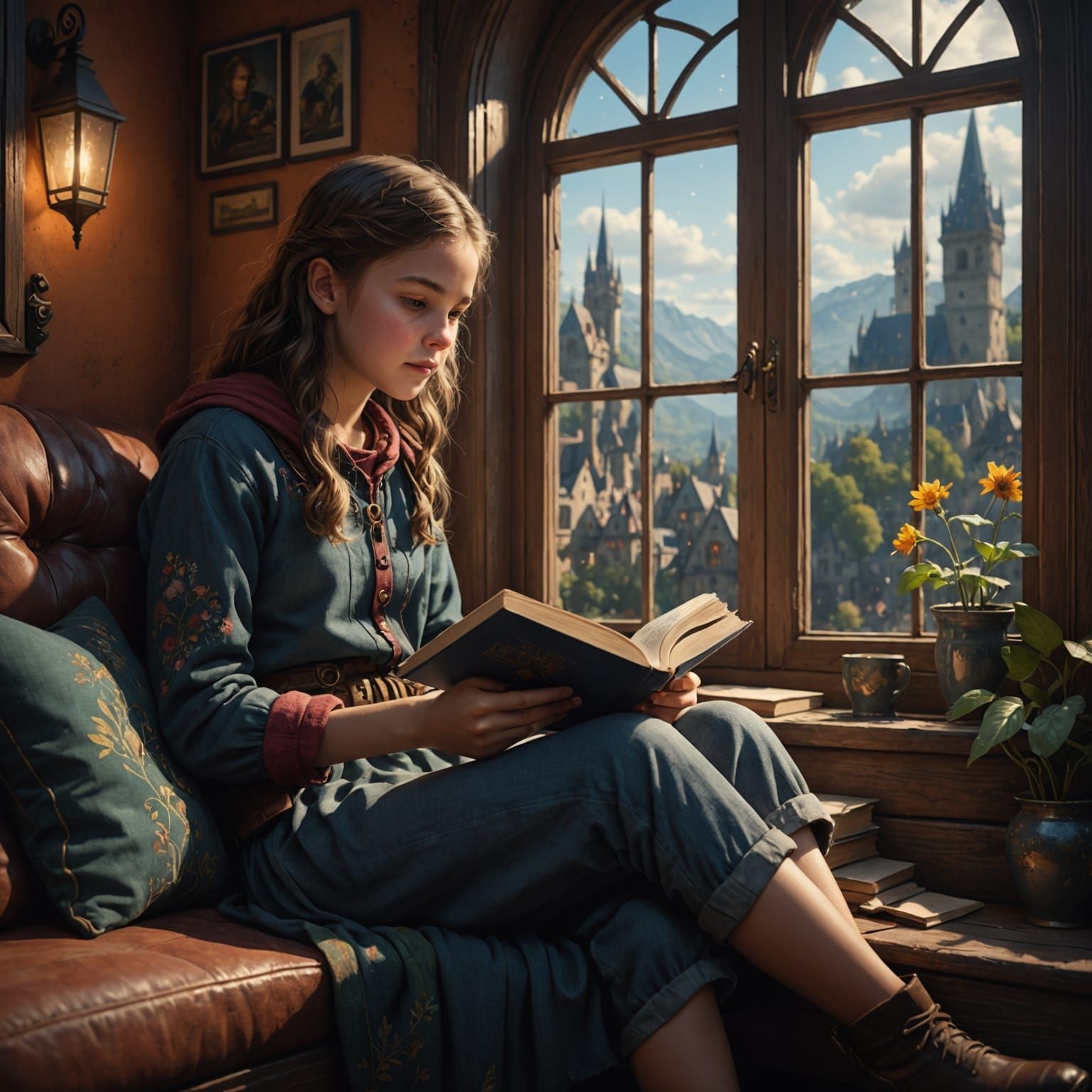 Girl Reading Book in Cozy Windowseat: Fantasy Art