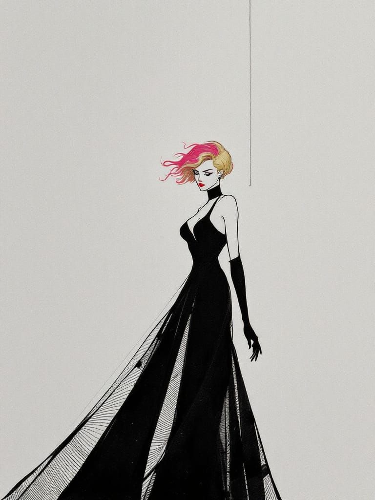 Elegant Pin-Up Woman with Pink Tipped Hair in Modigliani Sty...