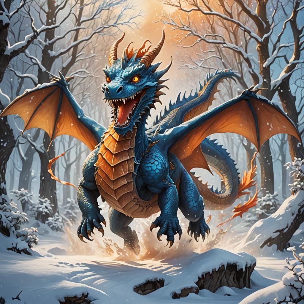 Smiling Dragon Jumps in Snow: Fantasy Illustration