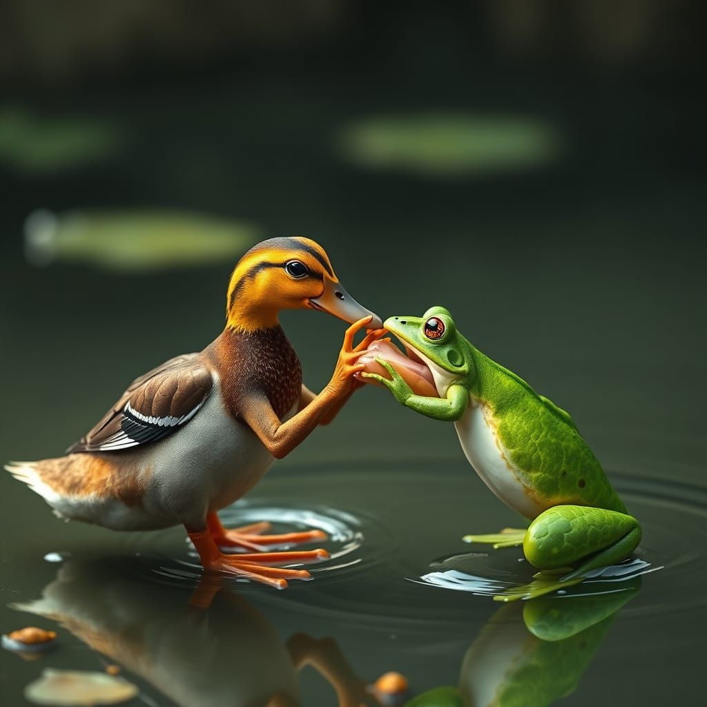 Duck and Frog Battle for Food in Hyperrealistic Style