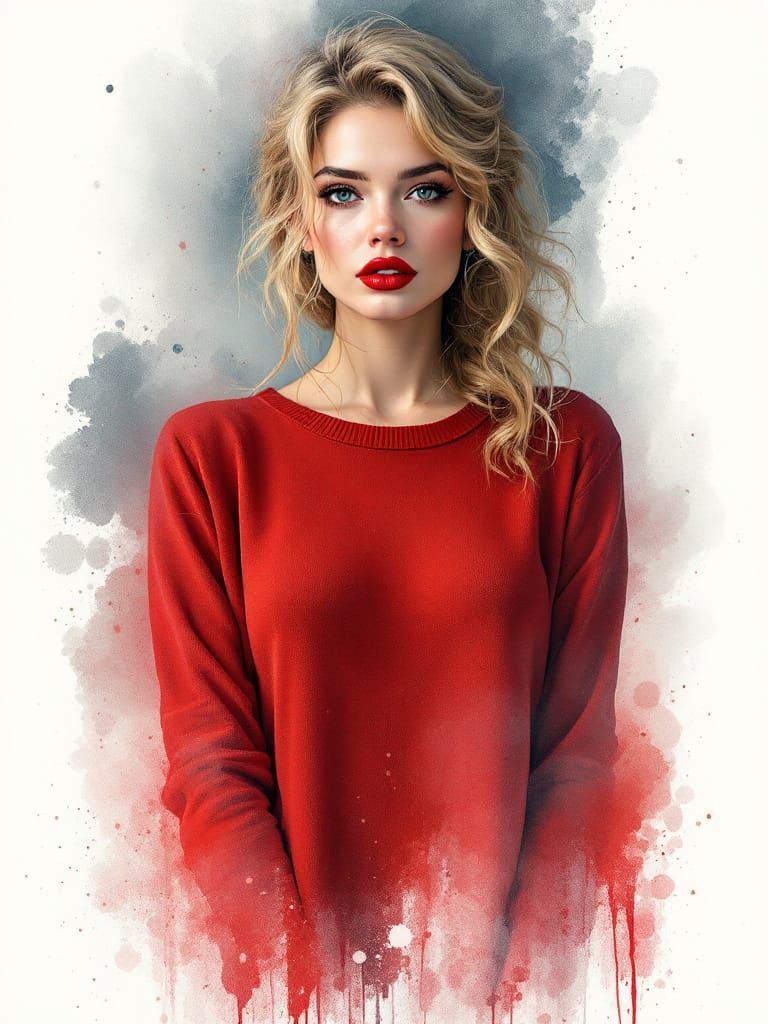 Blonde Pin-Up Woman in Crimson Dress, Surreal Atmosphere
