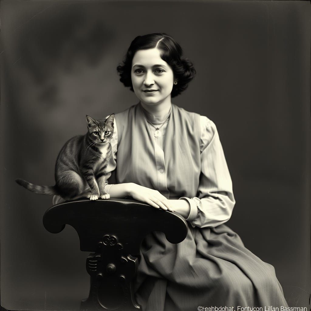 Woman in 1920s Attire Sits with Cat in Vintage Studio Settin...
