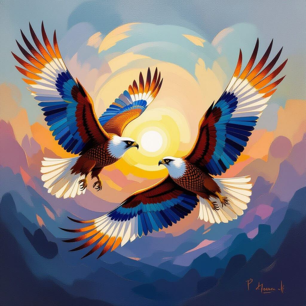 Regal Winged Creatures in Dynamic Abstract Art