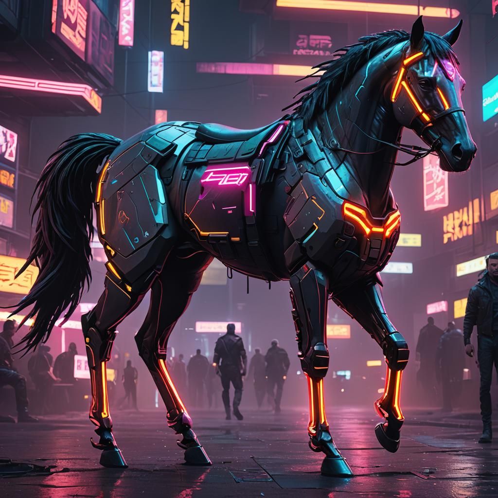 Cyberpunk Horse in Neon Cityscape of 2099