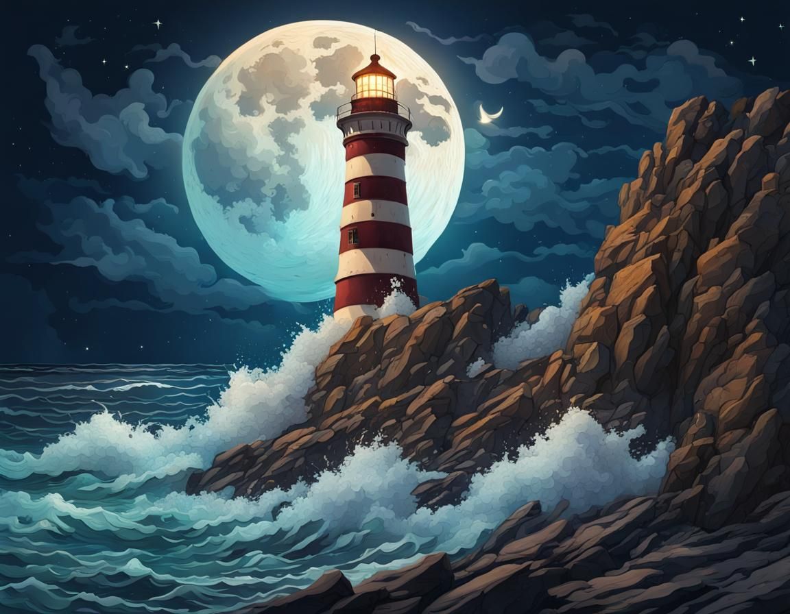 Hyperrealistic Lighthouse at Night with Crashing Waves