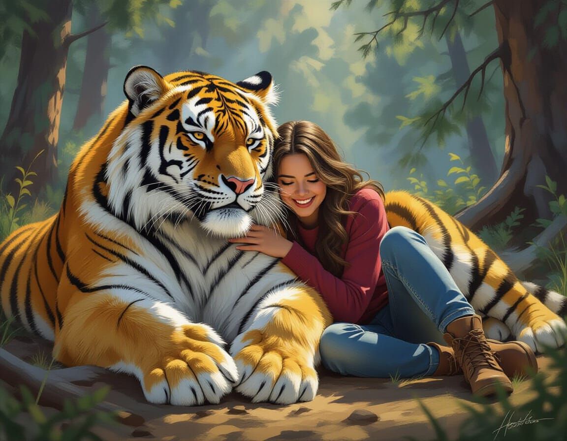 Smiling Saber-Toothed Tiger Snuggling Human Friend