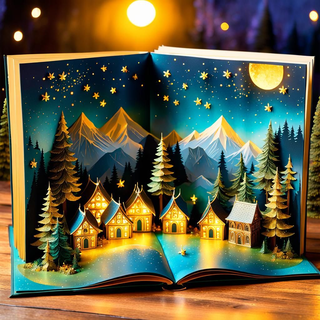 Golden Fairy Village Pop-Up Book Illustration