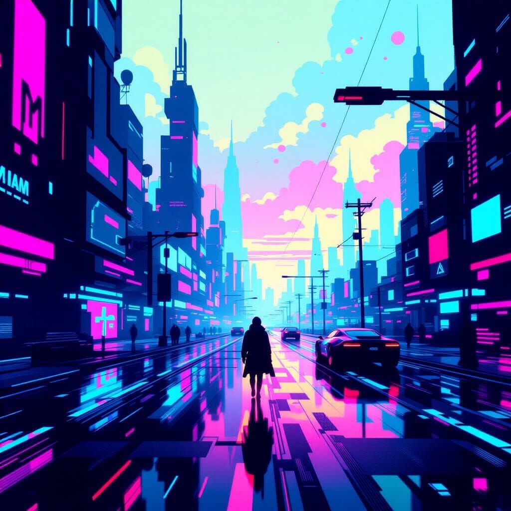 Futuristic Glitch Art with Neon Cityscape