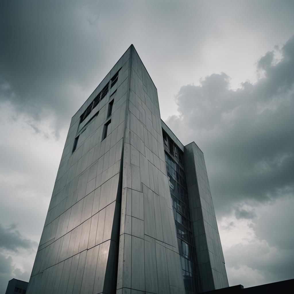 A single-line drawing of a modern architectural structure with sharp angles and straight lines, emphasizing simplicity a...