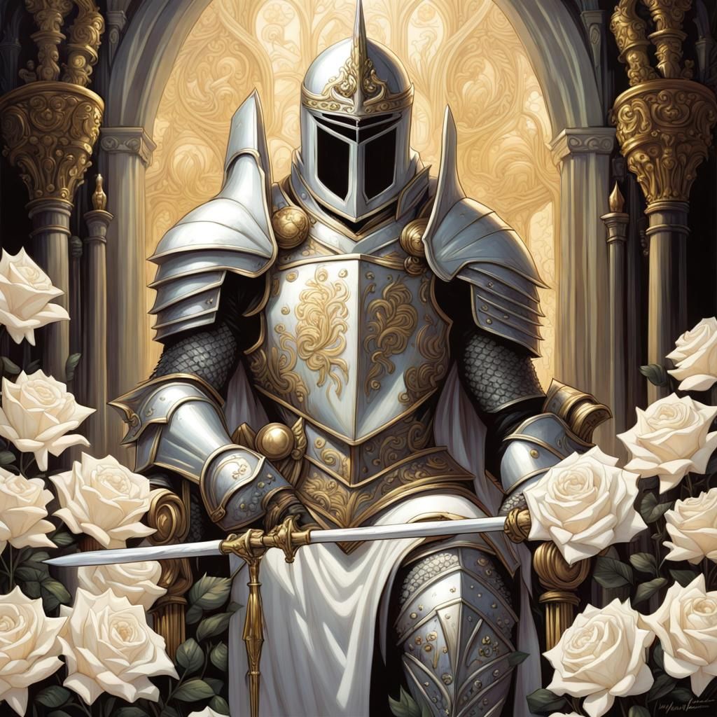 Angelic Knight in Gothic Armor on Rose Throne