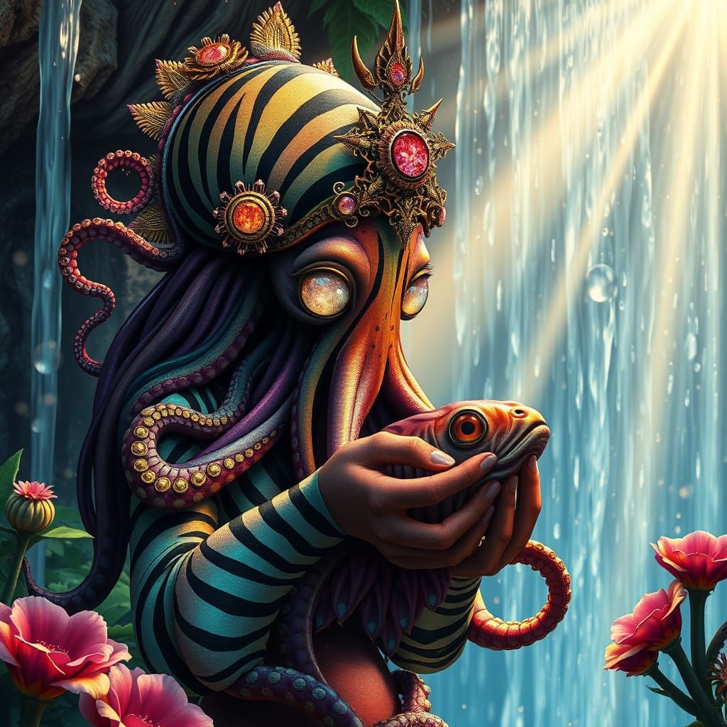 Rainbow Octopus Goddess in Sunlit Garden