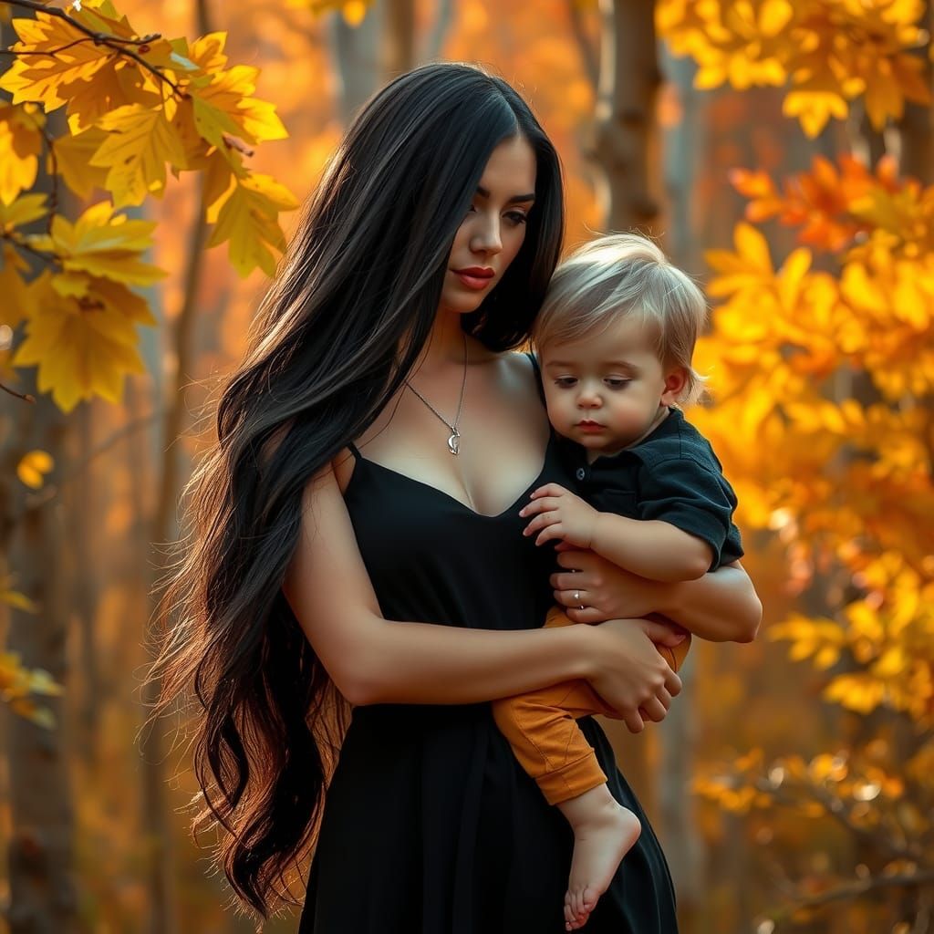 Woman and Child in Autumn Forest: Golden Hour