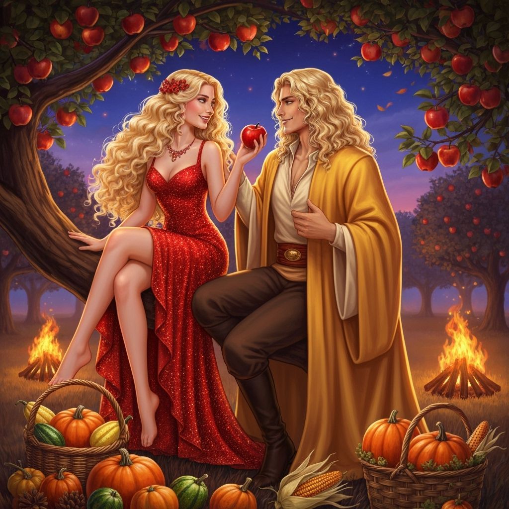 Fantasy Autumn Harvest: Couple in Enchanting Orchard
