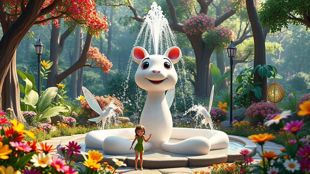 Whimsical Animal Fountain in Magical Forest, Pixar Style