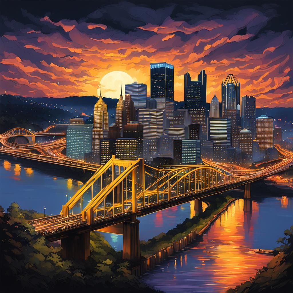Pittsburgh at Night: Hyperrealistic Cityscape Concept Art