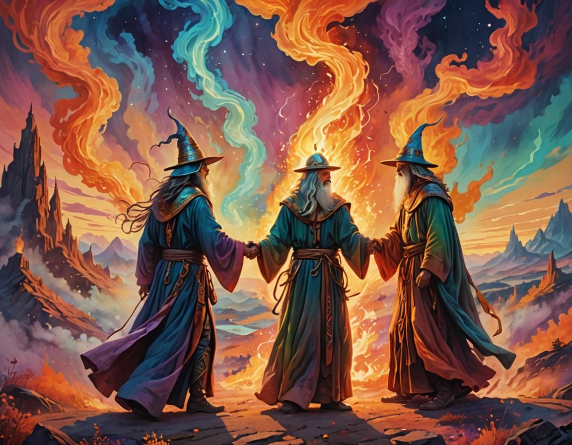 Mystical Wizards' Handshake in Retro-Futuristic Landscape