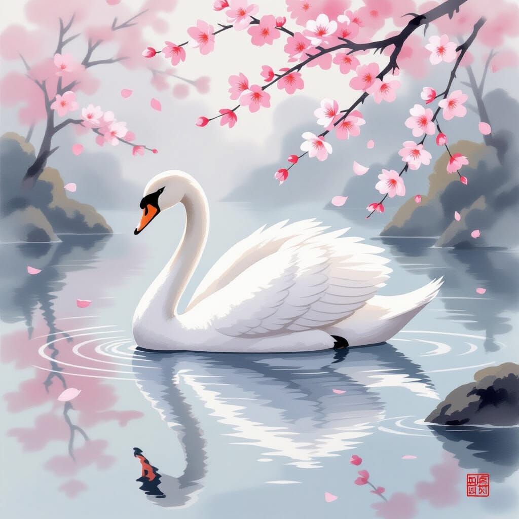 Cherry Blossom Swan in Sumi-e Style