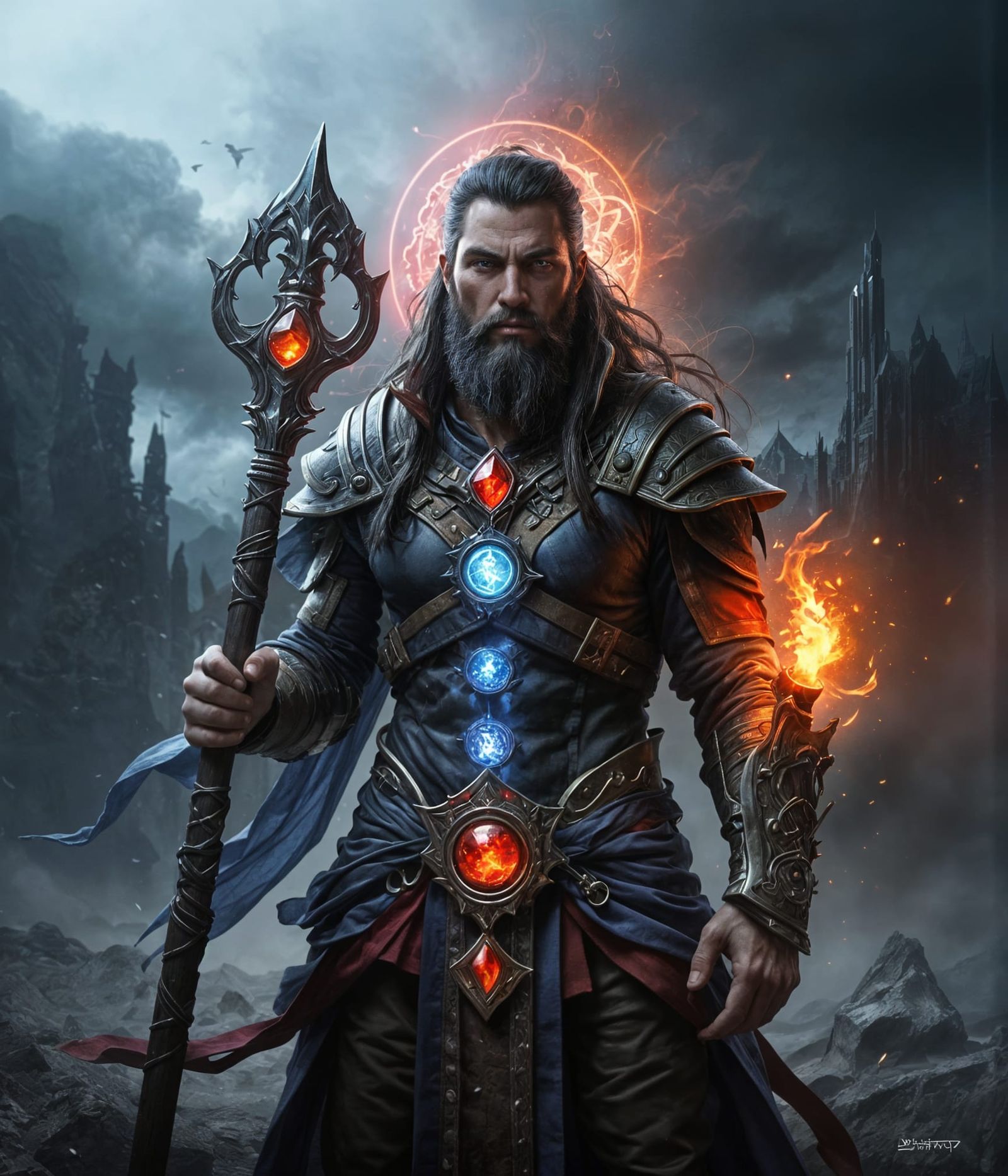 Warrior-Mage with Chakra Powers in Dark Fantasy Style