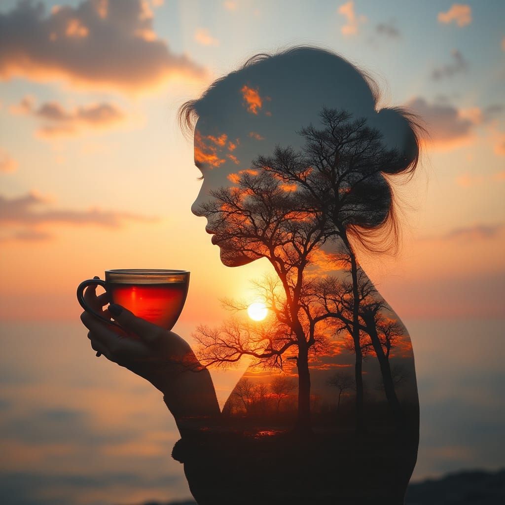 Double Exposure: Woman, Birds, Sunset Sky