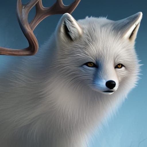 Detailed Arctic Fox with Antlers and Flowers