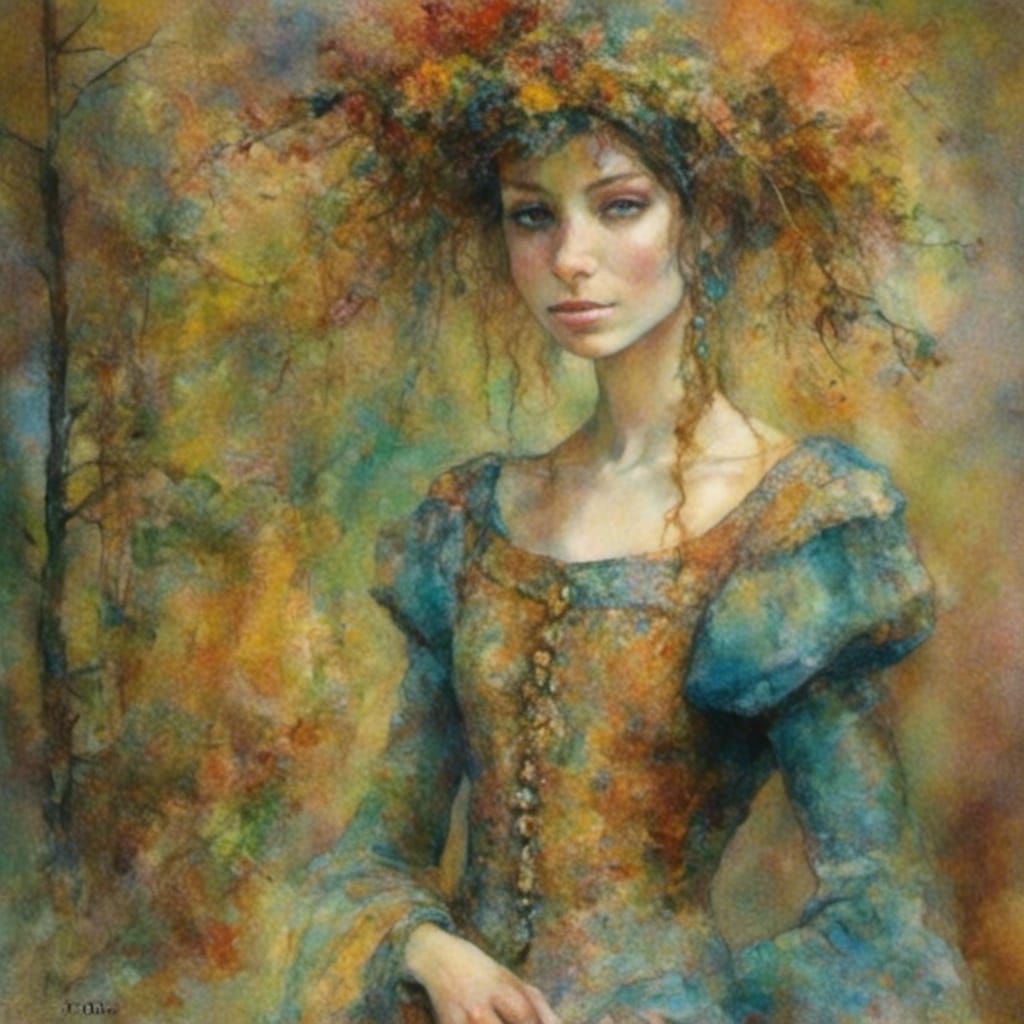 Woman in Medieval Gown with Anti-Color Fume Effect