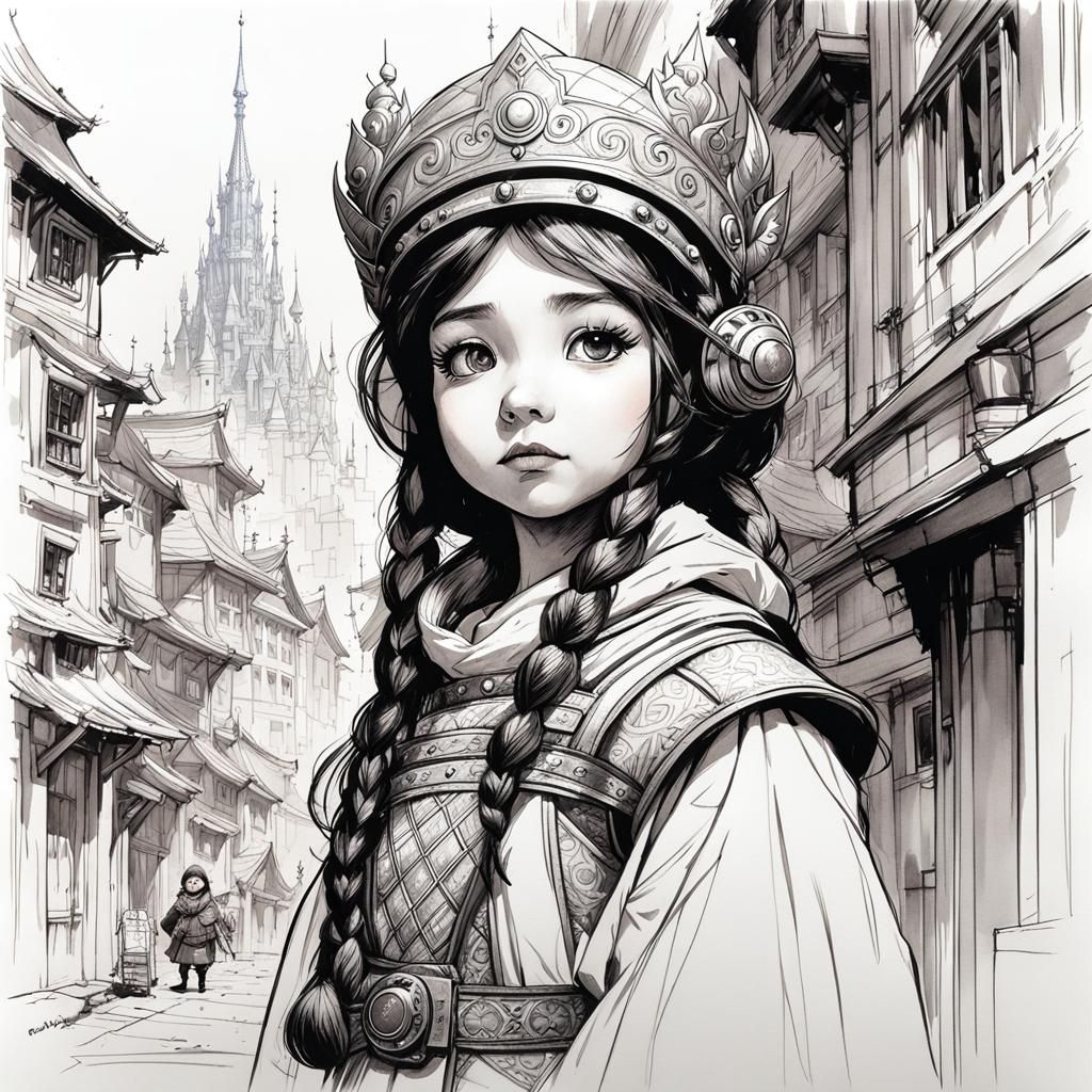 Whimsical Urban Sketch of Dwarf Princess