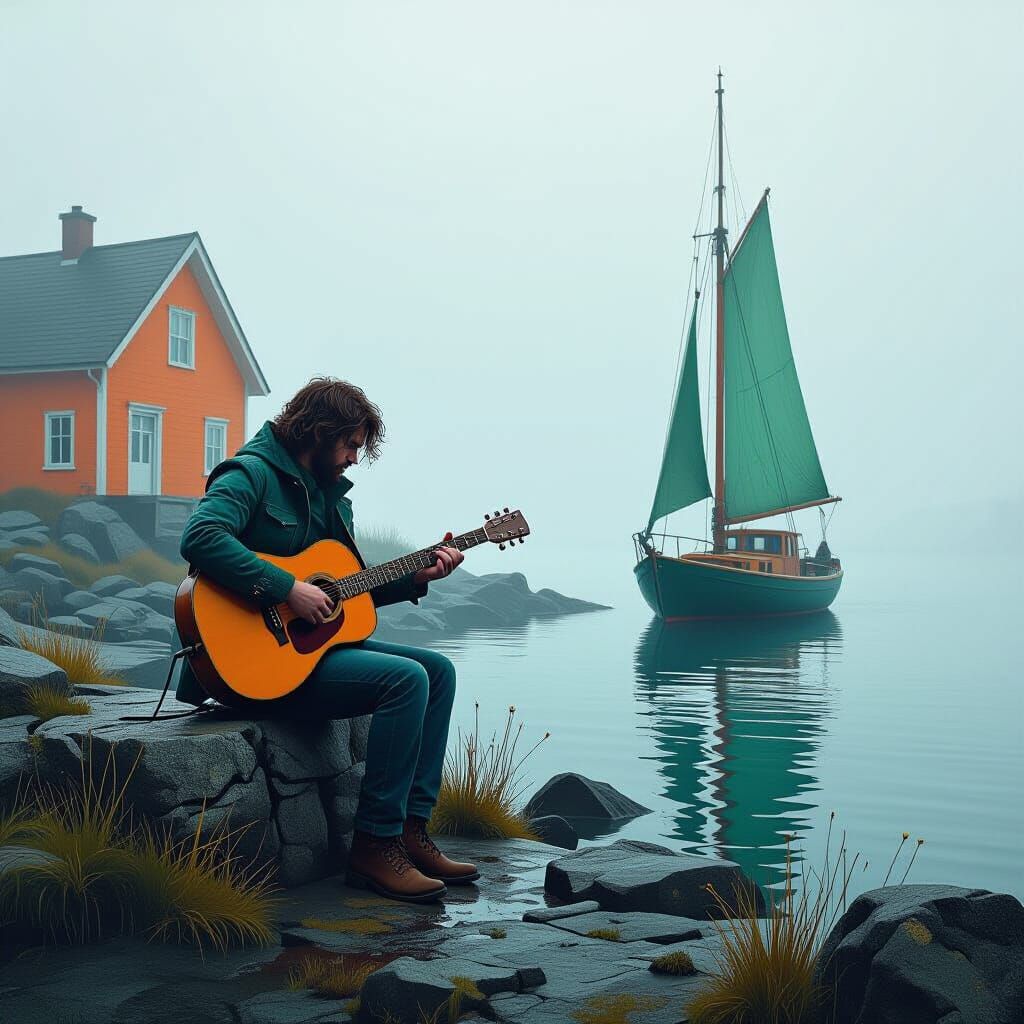 Rock Guitarist Emerges From Fog in Hyperrealistic Style