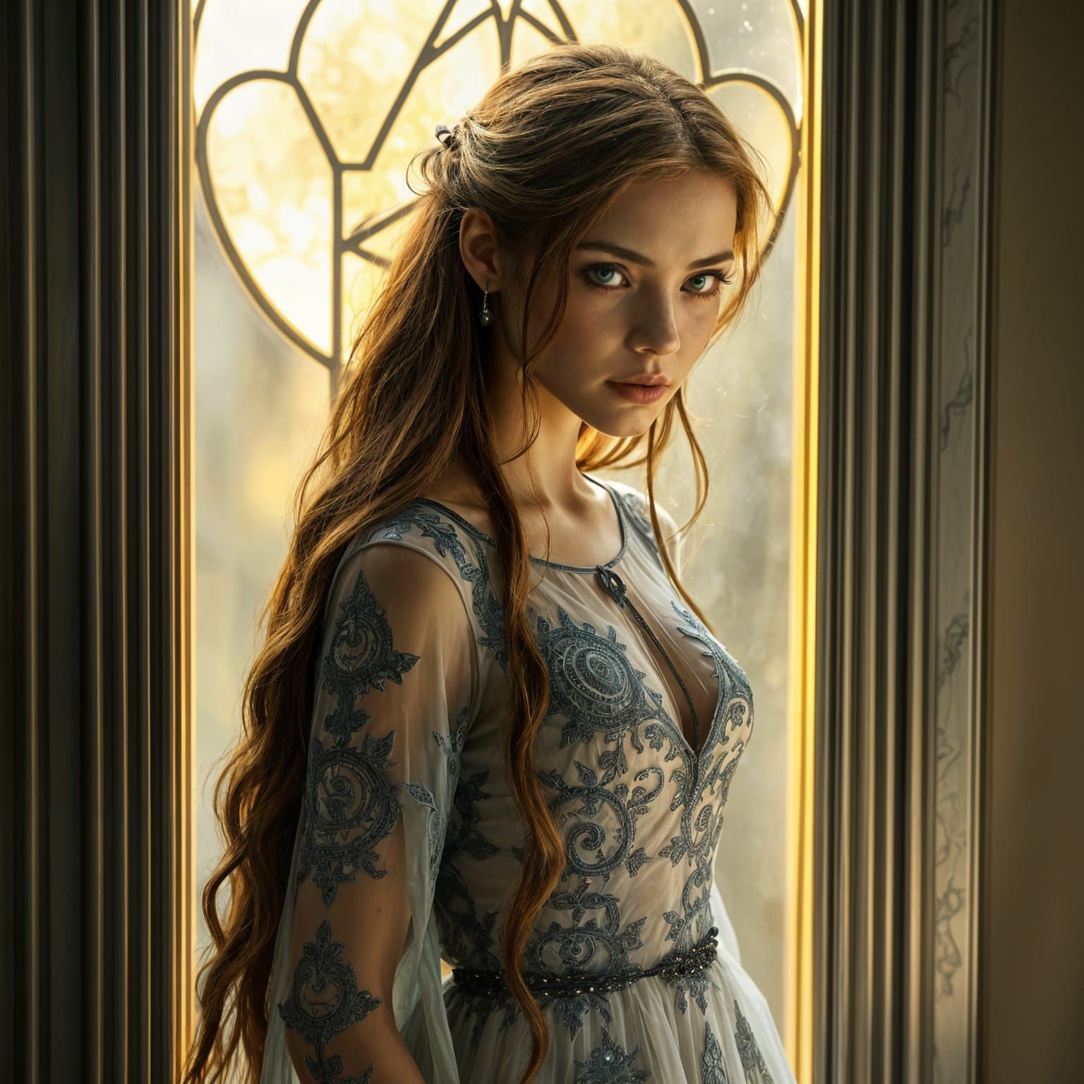 Ethereal Woman in Gown by Silver Window