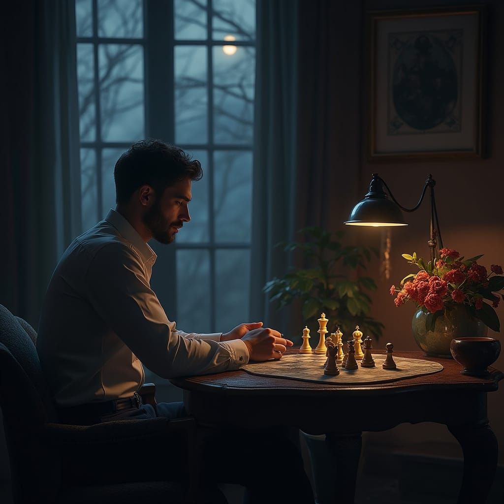 Chess Master in Stormy Night, Matte Painting Style