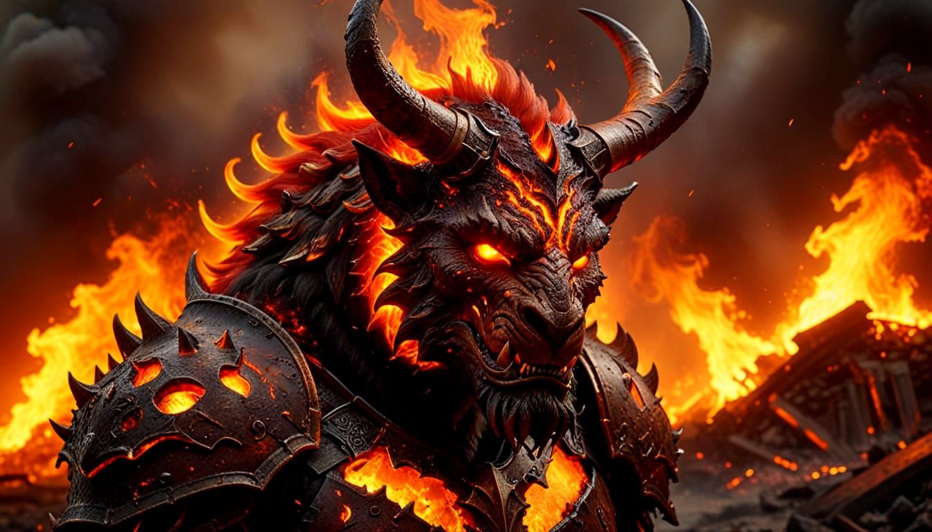 Fiery Devil Beast on Burning Football Pitch