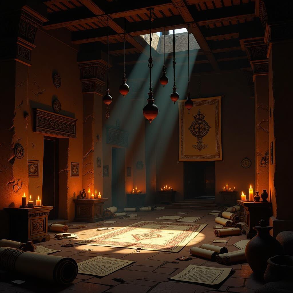 African Palace Interior with Ancient Scrolls, Digital Art