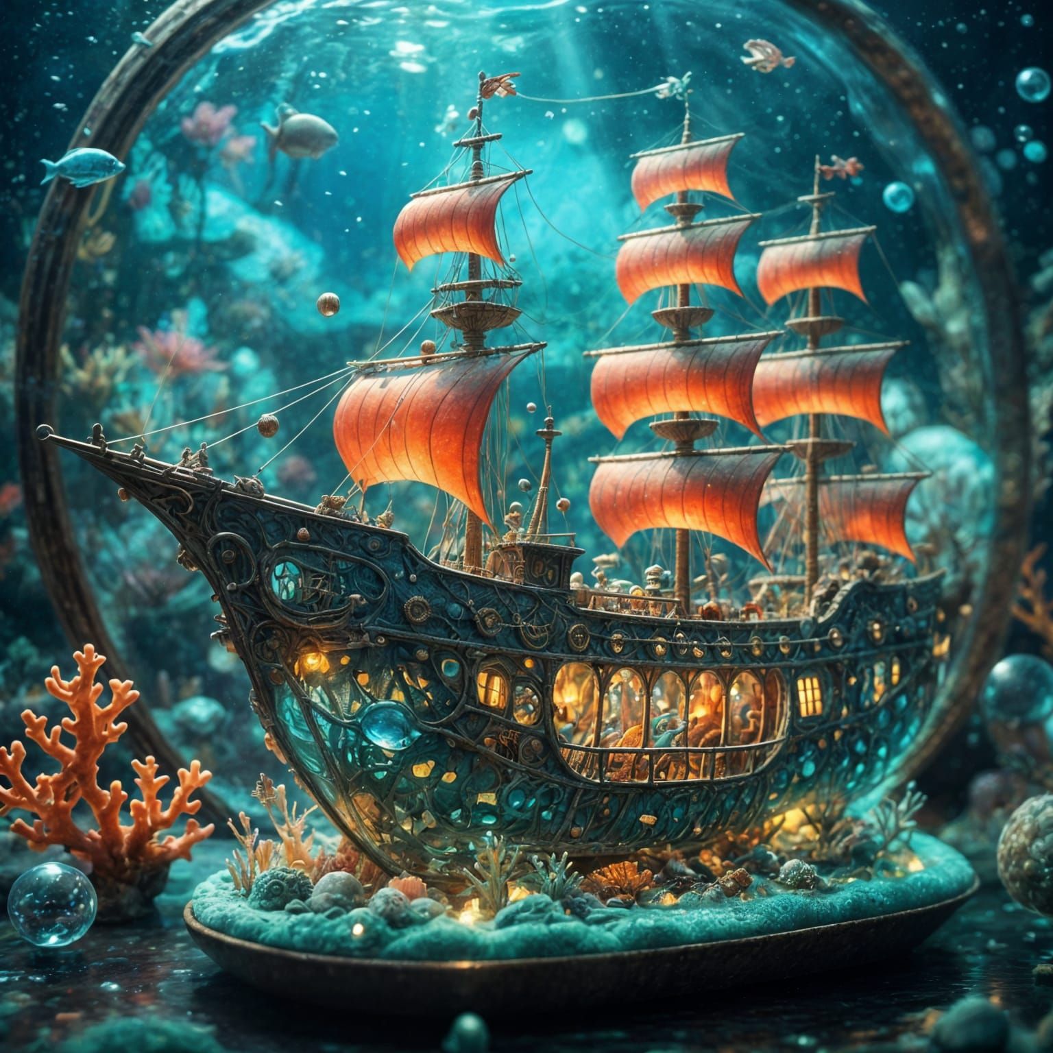 Macro shot,By Android Jones and Alexander Jansson || a transparent ship made of glass, inside there is a miniature magic...