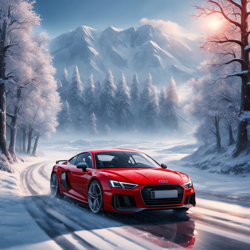 Vibrant Winter Wonderland with Red Audi in Motion