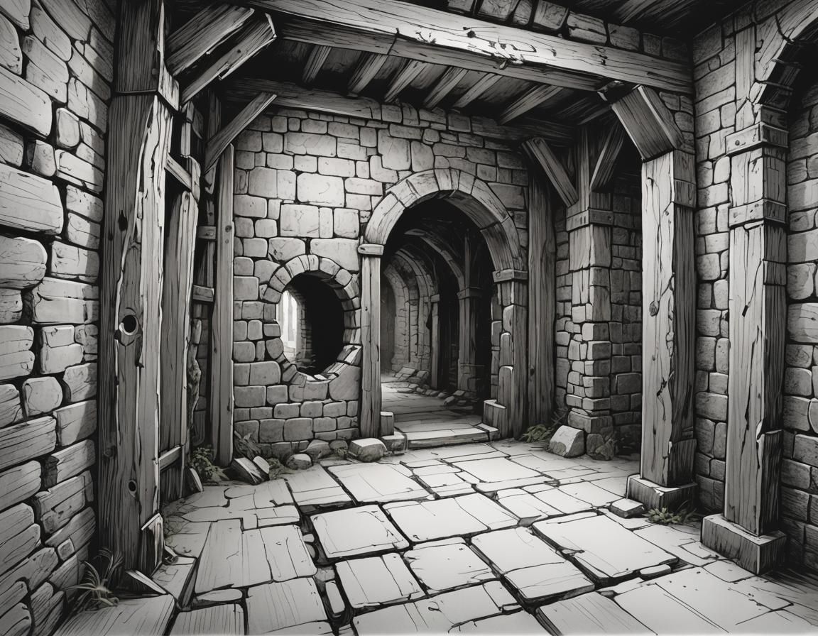 Medieval Dungeon Hallway Sketch in Comic Book Style