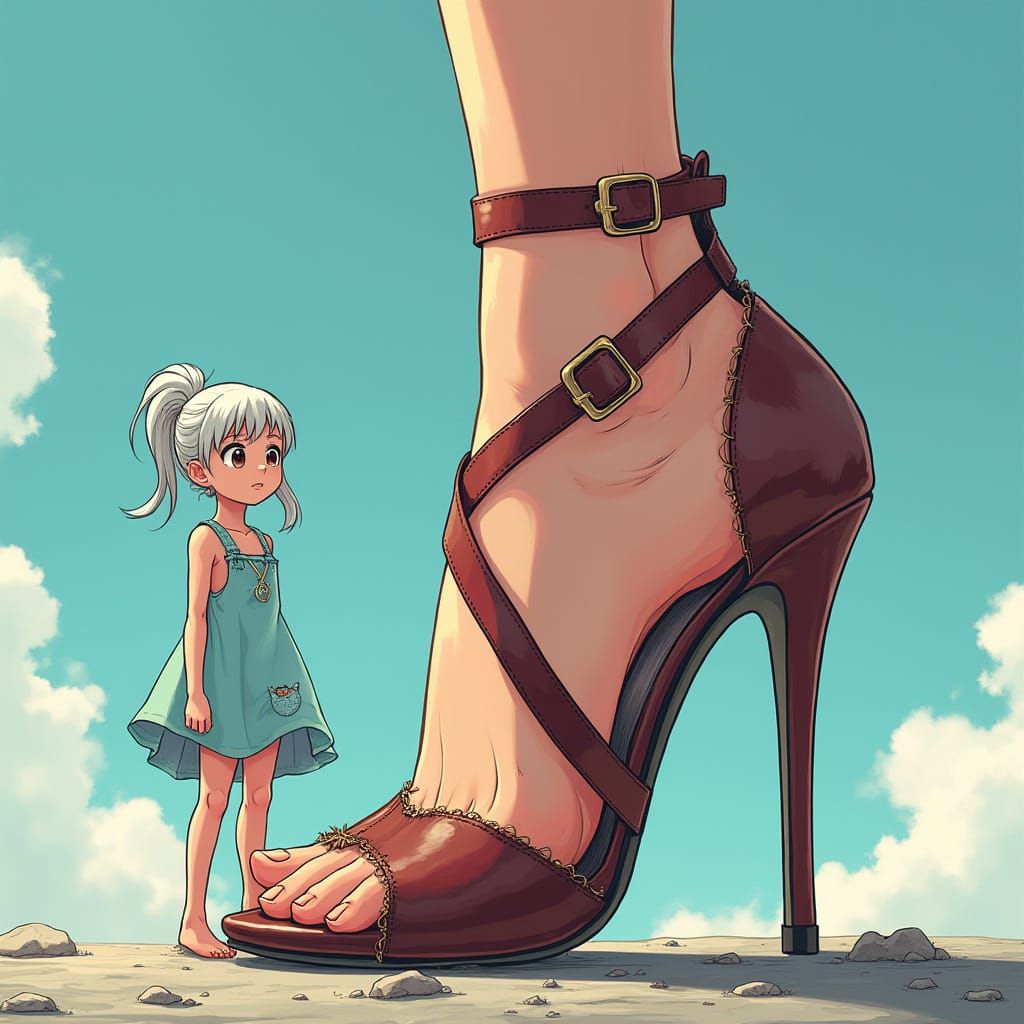 Miniature Girl Beside Giant High Heel in Vibrant Manga Style