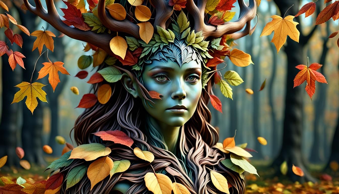 Autumn Dryad God Made of Colorful Leaves