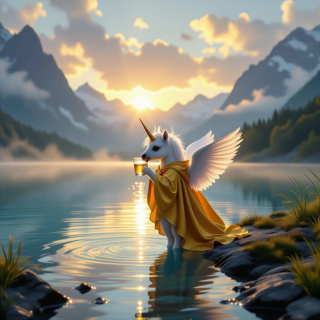Baby Pegasus Drinks at Sunrise: Hyperrealistic Fantasy